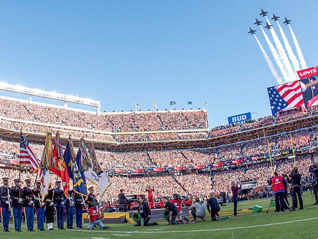 The Navy Blue Angels perform a flyover concluding the opening ceremony of Super Bowl 50 at Levi's Stadium in Santa Clara, Calif., Feb. 7, 2016.