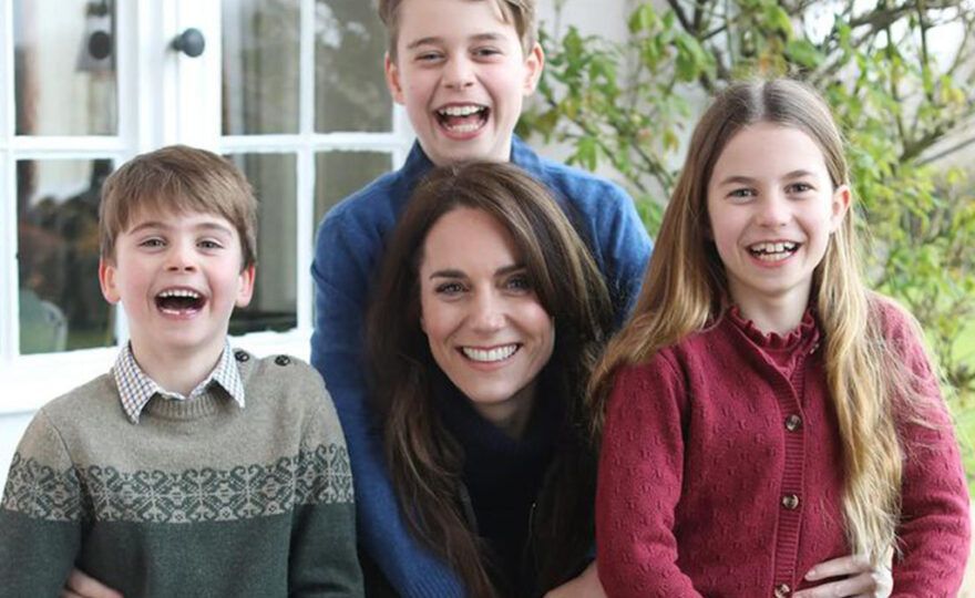 Kate Middleton and her three children in what appears to be a digitally altered photo.