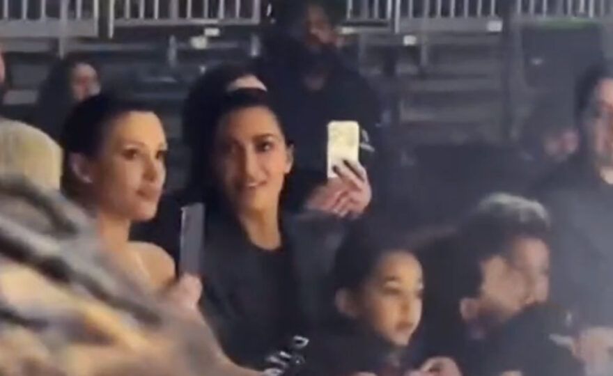 Bianca Censori, Kim Kardashian and two of Kim's children at Ye's album listening party.