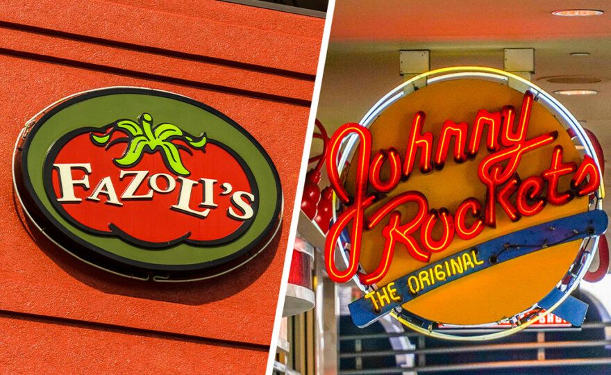 Signage for Fat Brands restaurants Fazoli's and Johnny Rockets