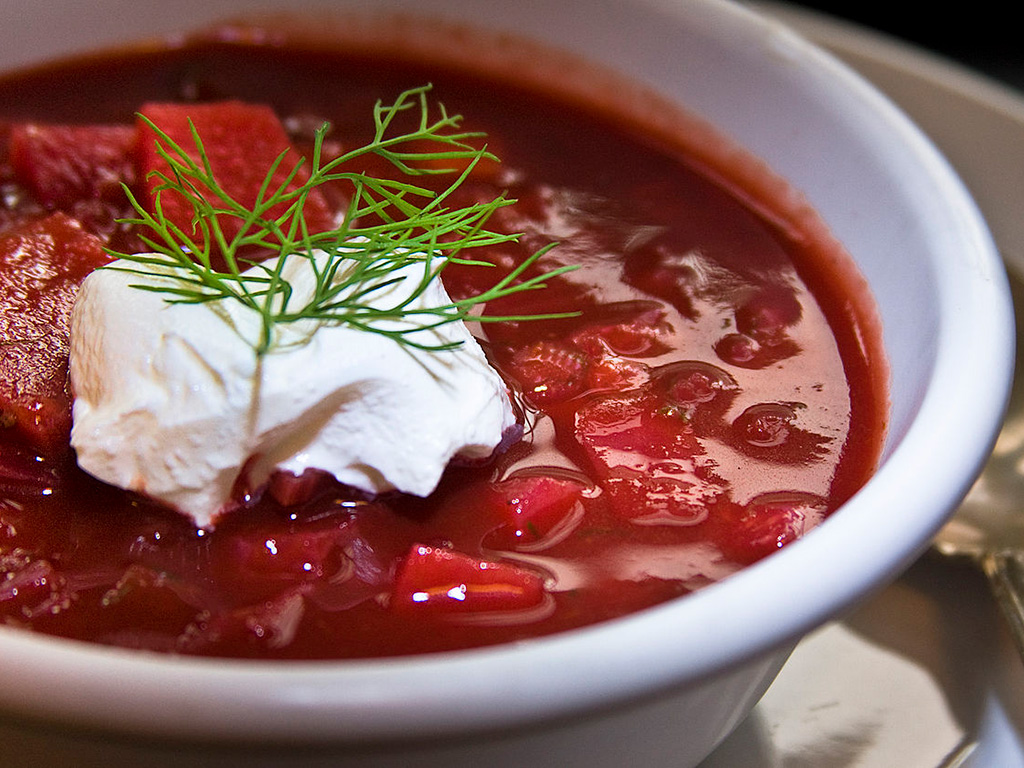 Borsch can be served hot or cold. It is usually served with sour cream and sometimes dill.