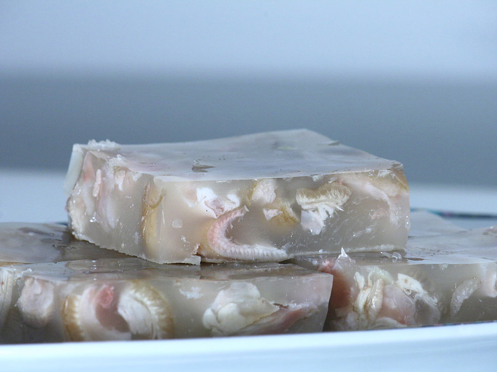 Pihtije cubes, a dish from Serbian cuisine, consisting basically of meat and water. 
