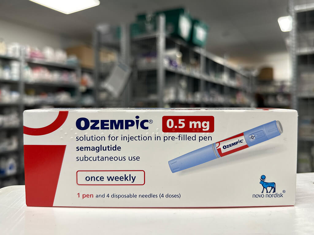 Box of Ozempic / Wegovy Weight Loss Drug (Semaglutiude) 0.5mg in a pharmacy