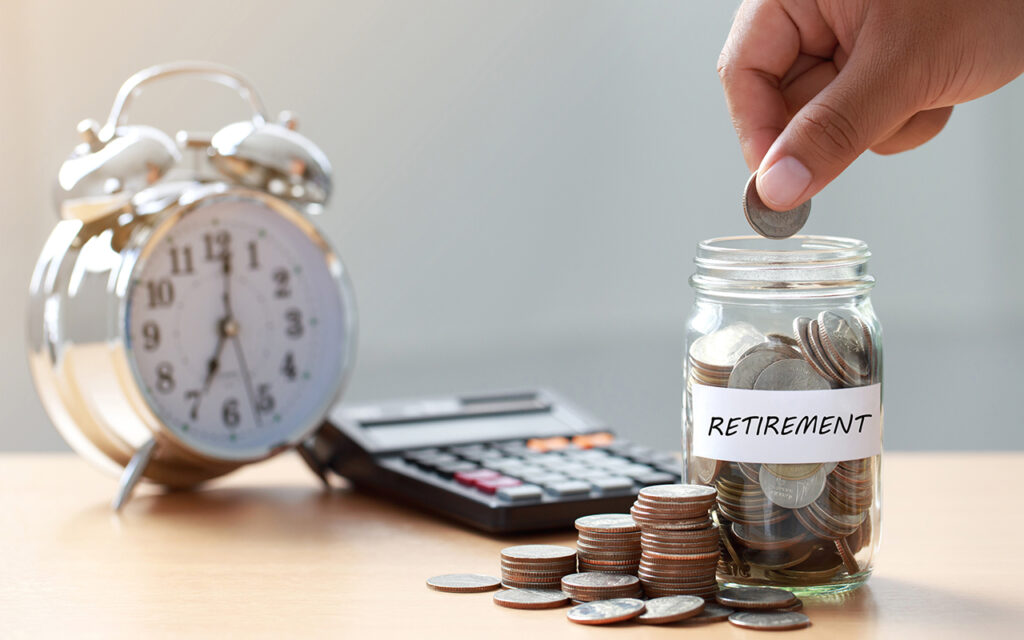 Coins in a jar labeled retirement