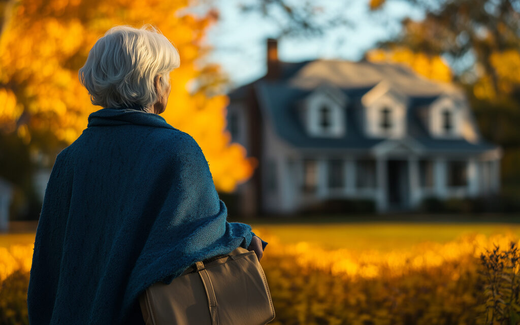 Elderly woman looking at a house in the distance